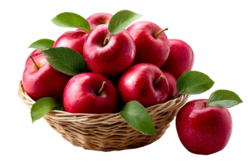 Fresh red apples in a woven basket with green leaves