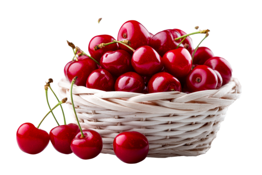 Fresh cherries in a woven basket on a transparent background
