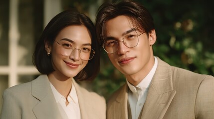 Elegant couple in formal attire smiling warmly amidst greenery, showcasing style and connection in a sunlit setting