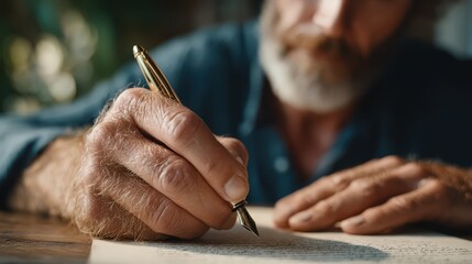 Close-Up of Elderly Man Writing on Paper with Fountain Pen in Natural Light Setting