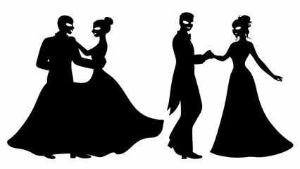 Silhouette of two couples in formal wear and masks dancing together at a masquerade ball event scene | eps vectors