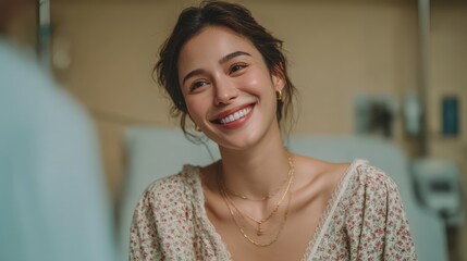 Smiling young woman in casual attire looking joyfully at someone in a hospital setting with soft lighting and warm atmosphere