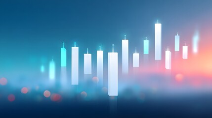 Fototapeta premium Digital candlestick chart representing financial data with a glowing blue and pink background, symbolizing market trends and analysis.