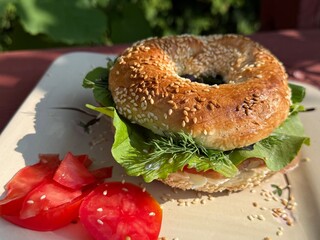 Delicious hamburger with  bagel bread 