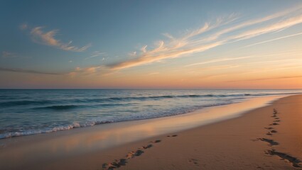 A tranquil beach sunset, with waves softly lapping the shore. The sky is filled with warm tones of pink, orange, and gold, creating a calm and picturesque coastal scene.