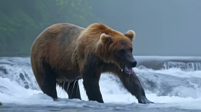 Powerful brown bear wading through rushing whitewater rapids, catching migrating salmon while hunting in katmai national park's pristine wilderness during misty summer conditions
