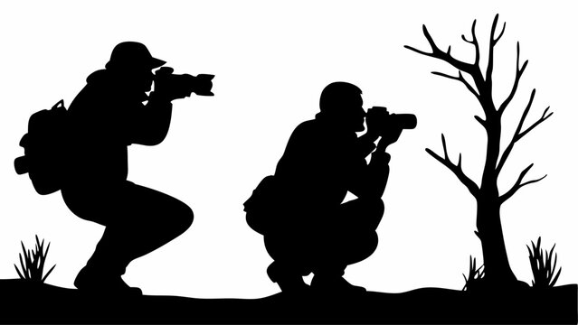 Silhouette of two photographers crouching with cameras near a bare tree on a white background scene outdoors | eps vectors