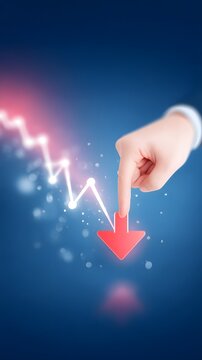 A hand wearing a glove points downwards at a glowing red arrow on a declining graph line, symbolizing a decrease or drop in data or performance.