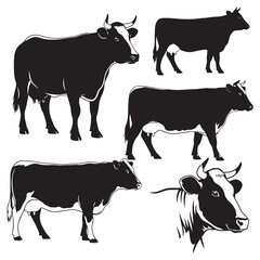 Vector Art of Black Cattle Silhouettes Featuring Nine Unique Poses for Rural Product Packaging and Agricultural Visuals