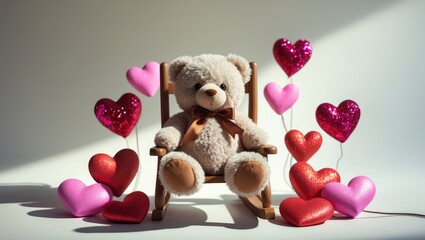 A plush TEDDY BEAR rests in a wooden ROCKING CHAIR, enveloped by vibrant HEART-SHAPED DECORATIONS. This delightful arrangement is ideal for conveying love and affection.