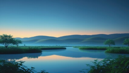 Beautiful dawn at a tropical lake with tranquil reflections. Verdant green foliage frames the foreground while misty mountains and vibrant sky form a peaceful background.