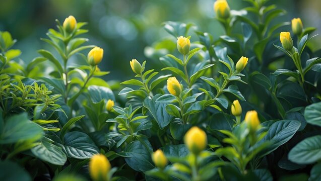 Cute little yellow flowers of Galphimia glauca, bloom amidst vibrant green leaves, also referred to as rain of gold, golden showers, thryallis, and shower of gold.