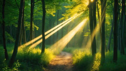 Fototapeta premium Beams of sunlight pierce through tall leafy trees, creating a mesmerizing scene in tranquil misty woodland. A gentle mist remains in the air, amplifying the serenity and peace of the forest nature.