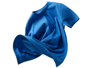 Blue T-Shirt Flying in Air Transparent Background Apparel and Motion Concept