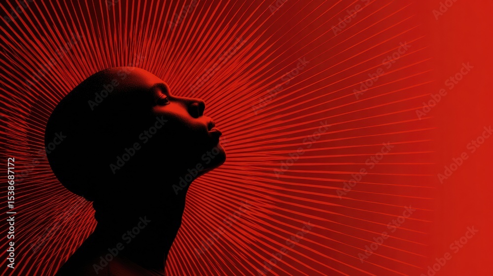 Poster silhouette of a person with tension lines emanating from the head set against a vibrant red gradient