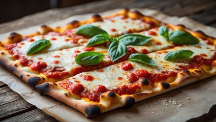 Flatbread Pizza featuring Mozzarella cheese, Tomatoes, pepper, Spices, and Fresh Basil. Italian pizza. Pizza Margherita or Margarita served on a wooden background.