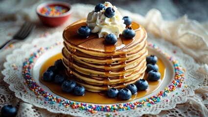 A stack of cupcakes with condensed milk presented on a clear glass plate positioned on an openwork tablecloth. The background is decorative, creating a warm and cozy atmosphere.
