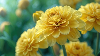 Fototapeta premium A yellow flower, vibrant with golden hues, petals soft like silk, radiates warmth and joy. Its delicate fragrance drifts in the breeze, serving as a beacon of sunshine within nature's tapestry.