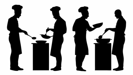 Silhouette of chefs cooking with pans and spoons on stoves in a kitchen preparation area shown | eps vectors