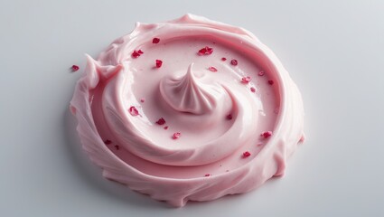 Isolated yogurt smear with cherry jam splash and pink milk pudding splatter on white background