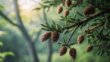 Obraz premium Young pine branches for pine syrup with blurred birch background