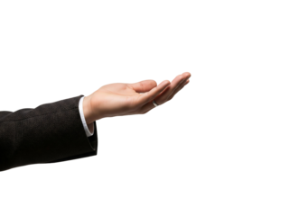 Male Hand in Brown Blazer Palm Facing Forward Transparent Background Business Gesture Concept