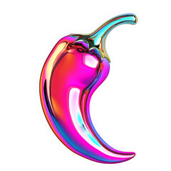 Abstract 3D chili pepper in holographic chrome. Y2K pastel palette, liquid shiny surface, surreal candy form with metallic gloss and softness.