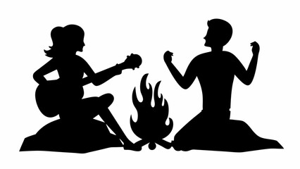 Silhouette of woman playing guitar and man near campfire under the night sky with stars above them all | eps vectors