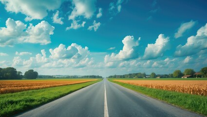 Fototapeta premium Serene summer countryside landscape featuring a wheat field, lush forest, and a clear blue sky with clouds along a rural road