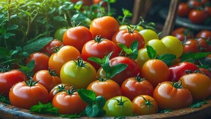 Juicy yellow and red cherry tomatoes on wooden background, fresh vegetable salad with organic flavor