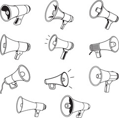 electric megaphone set line art outline vector illustration black color