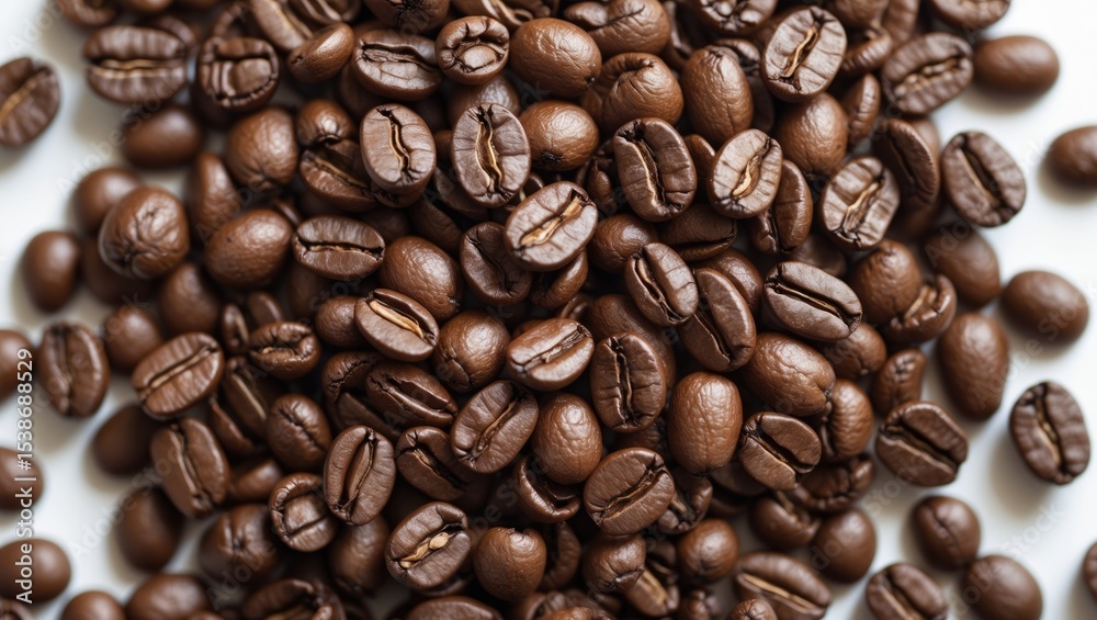 Poster close-up of coffee beans on white background with selective focus