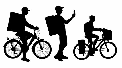 Three delivery persons on bicycles with boxes in silhouette against a white background are shown here | eps vectors