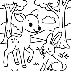 A playful deer and rabbit frolic together in a peaceful forest, drawn in a charming black-and-white outline for coloring.