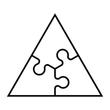 Triangle jigsaw puzzle vector icon. Geometric shape, logic game, brain teaser, educational puzzle piece illustration. Black outline isolated on white background.
