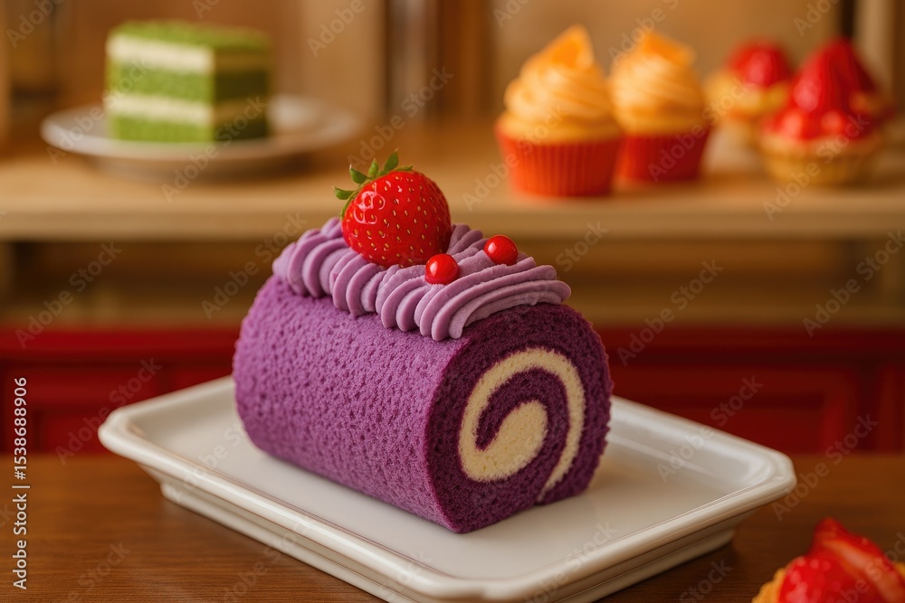 Poster vibrant yam roll displayed on a serving tray in a bakery