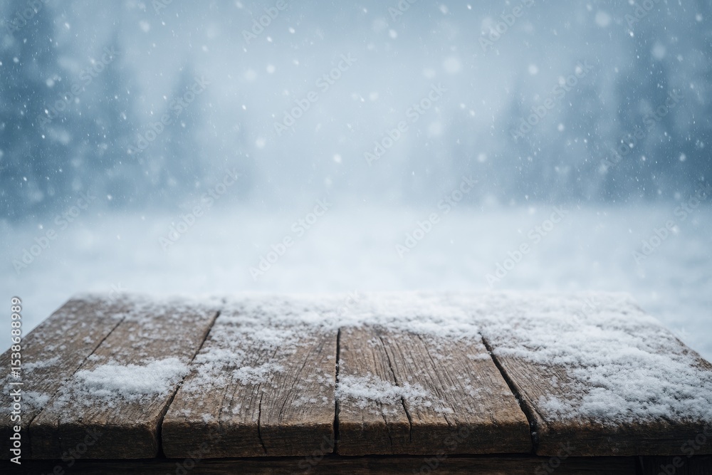 Poster chilly weather scene featuring a worn-out table covered in snow