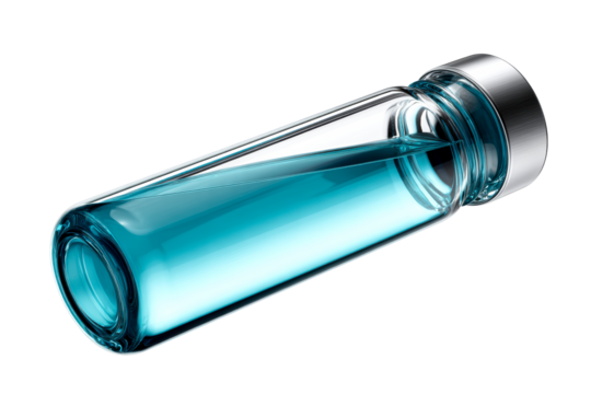 Elegant blue glass vial with metallic cap on transparent background