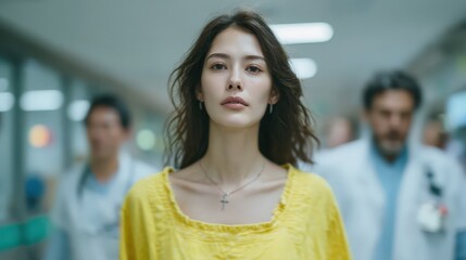 Confident Woman in Yellow Walking Through Hospital Corridor Surrounded by Medical Professionals