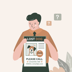 Unhappy man. Crying owner holding missing dog poster with cartoon pet. Concept of lost domestic animal. Paper ad about the missing dog.