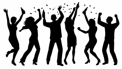 Silhouette of six people dancing and celebrating with confetti and bottles in their hands at a party | eps vectors