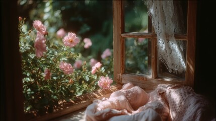 Soft Morning Light Bathing a Cozy Bed by a Flowering Window with Roses in Bloom