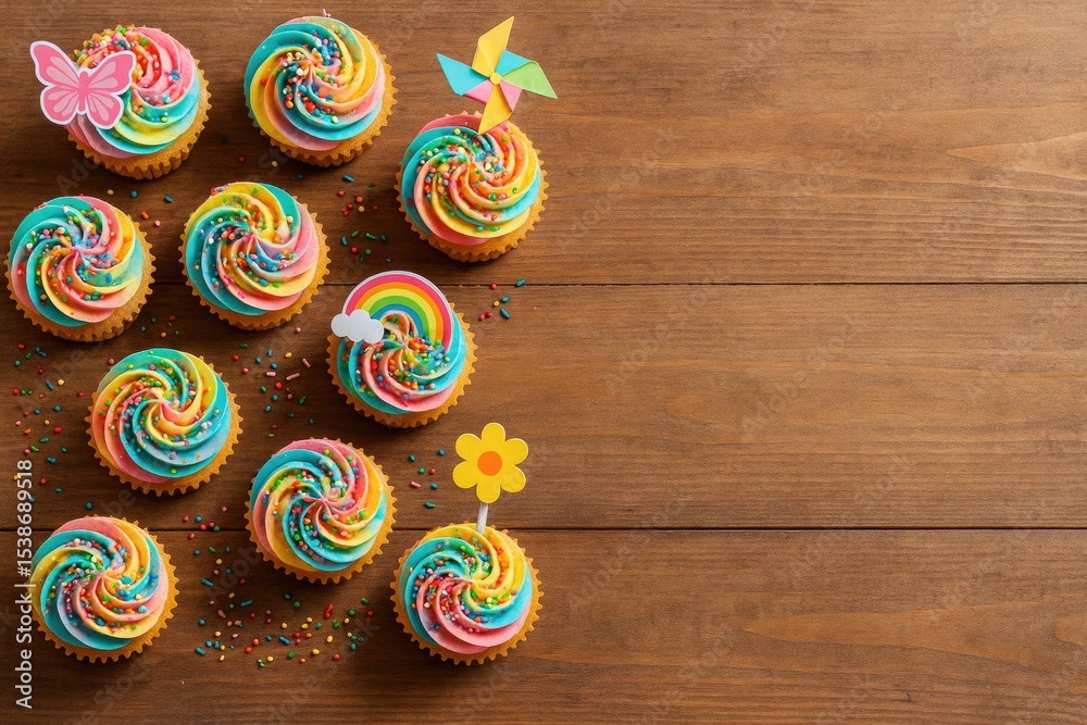 Aufkleber Vibrant cupcakes arranged on a rustic wooden surface with room for your message from a top-down perspective