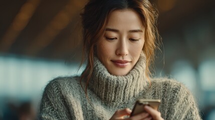 Young woman in cozy sweater using smartphone indoors, soft focus background, capturing moment of connection and modern communication