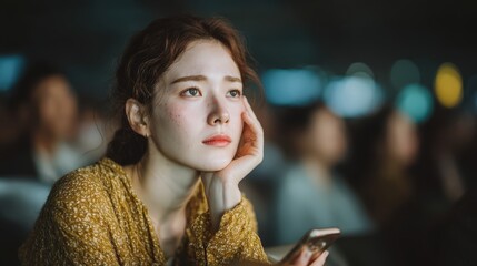 Contemplative Young Woman with Phone in Crowded Event Setting, Capturing Reflection and Emotion During Presentation