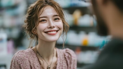 Smiling woman in cozy sweater looking at person with blurred background in modern pharmacy or health store