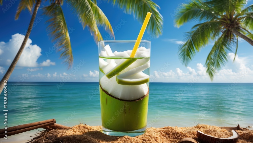 Poster refreshing coconut water with a stunning seaside backdrop