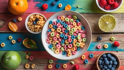 Vibrant cereal served in a bowl on a multicolored wooden surface