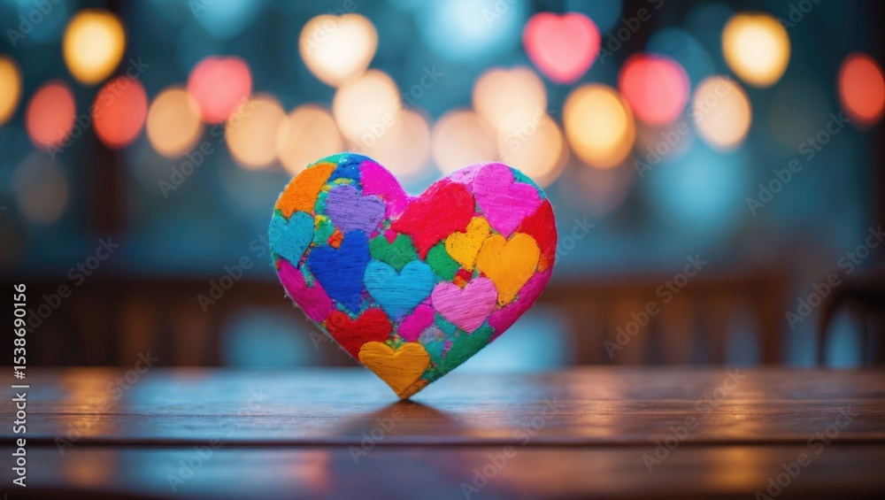 Poster Vibrant heart resting on a rustic wooden surface with soft glowing lights, romantic greeting card scene. Bokeh effect in the background.