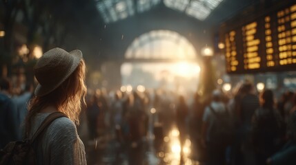 Young woman with hat gazes at bustling train station during rain, surrounded by travelers and glowing sunlight in background